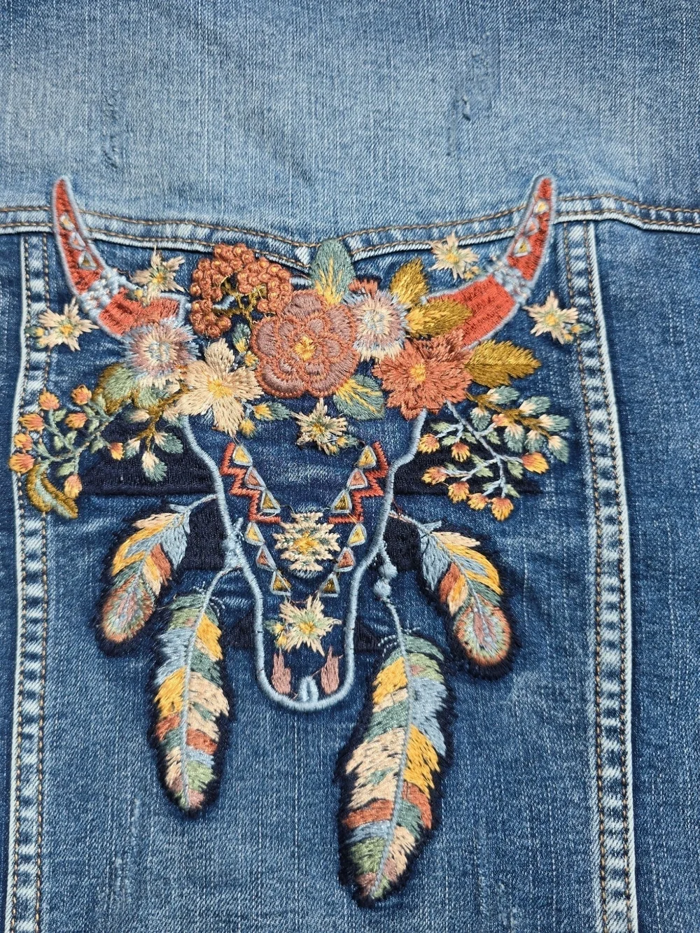 GRACE In LA Longhorn Embroidered Distressed Denim Jacket Youth XL New With Tags